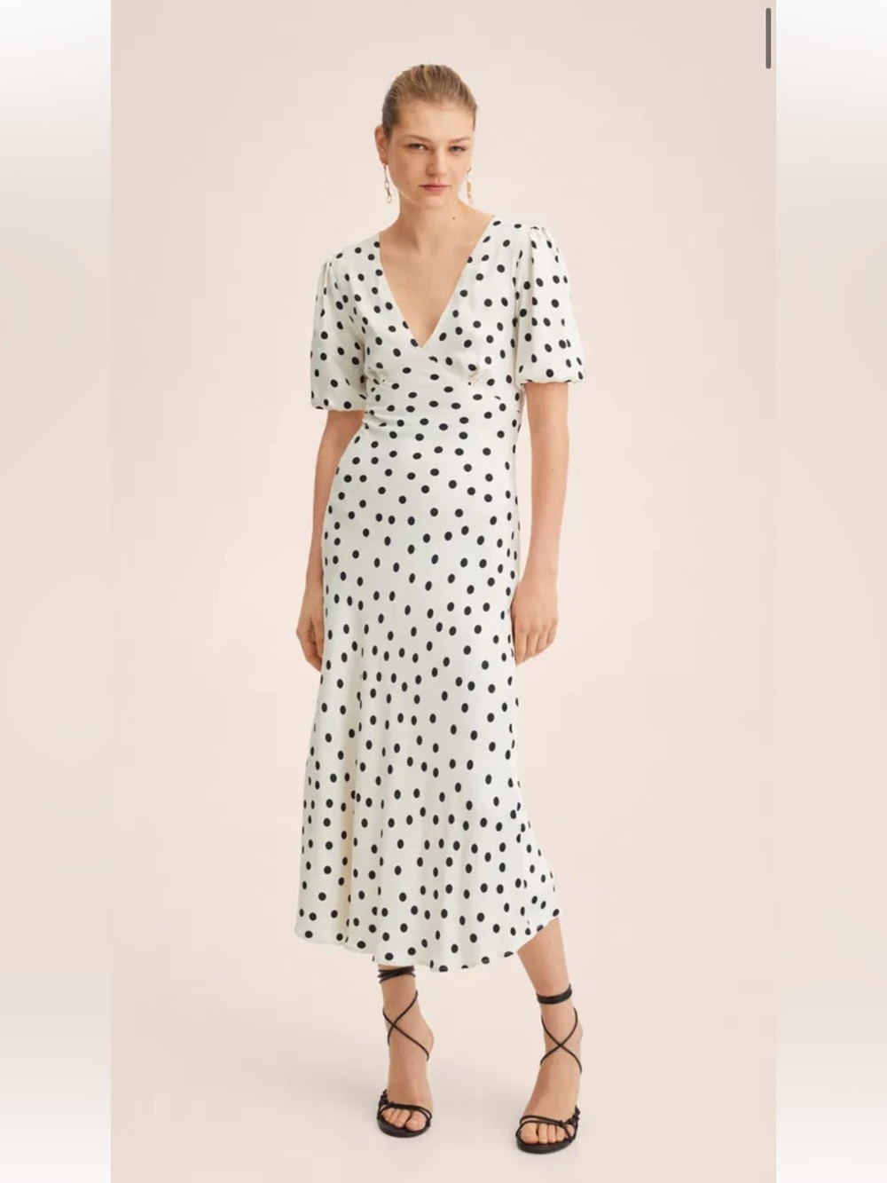 MANGO Polka Dot V-Neck Midi Dress in White and Black